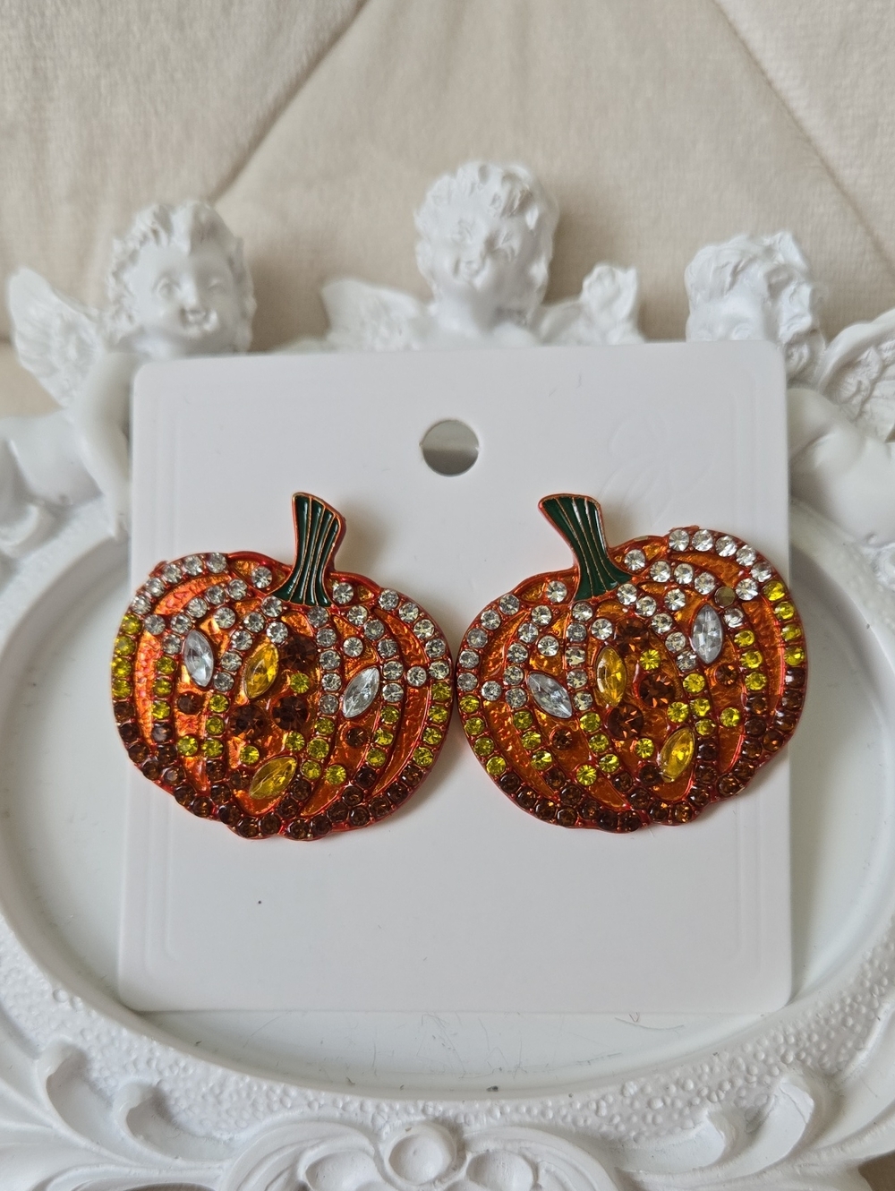 Festive Statement Enamel Pumpkin Stud Earrings In Orange Crystal, NWT